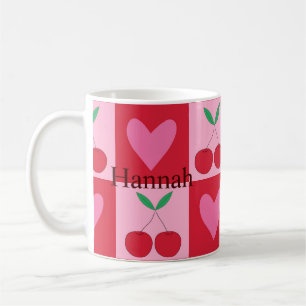 Taza De Café Cerezas a cuadros con corazones rosas con nombre p