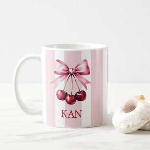 Taza De Café Cerezas de lazo rosa monograma estética coqueta
