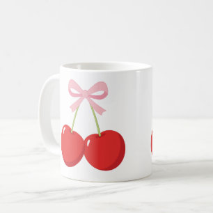 Taza De Café Cerezas rojas con lazo rosa Coquette Cottage Chic