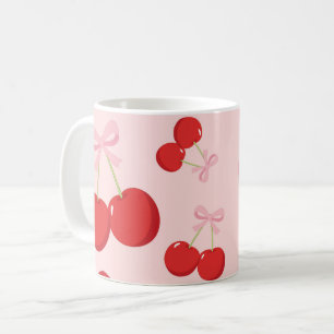Taza De Café Cerezas Rojas con Lazo Rosa Coquette Estilo Cottag