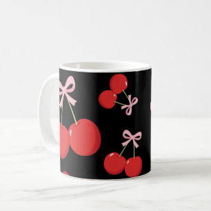 Taza De Café Cerezas Rojas con Lazo Rosa Coquette Estilo Cottag