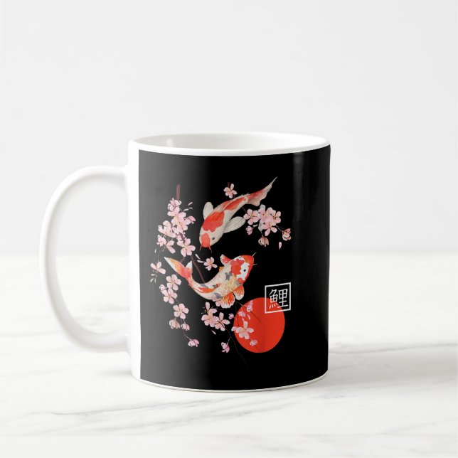 Taza De Café Cerezo en flor Koi Carp Pescado japonés Sakura Gra (Izquierda)