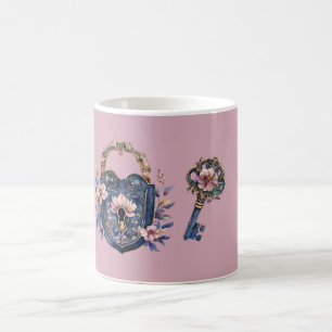 Taza De Café Cerradura y Llave Floral Rosa Azul