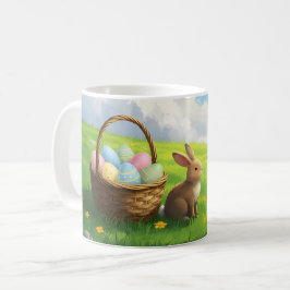 Taza De Café Cesta de Pascua de Conejo en Pradera Primaveral Pa
