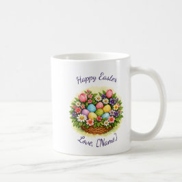 Taza De Café Cesta de Pascua de primavera con huevos, flores y