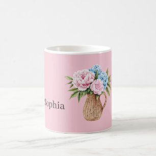 Taza De Café Cesta tejida de flores azules rosadas
