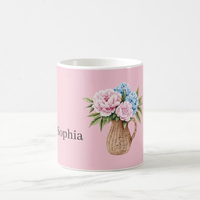 Taza De Café Cesta tejida de flores azules rosadas (Centro)