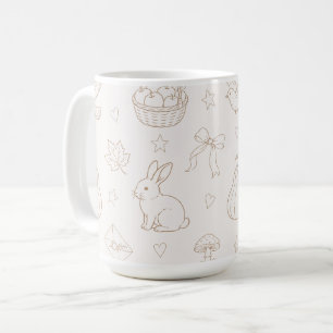 Taza De Café Cestas Marrones Crema Boceto Pájaros Conejos