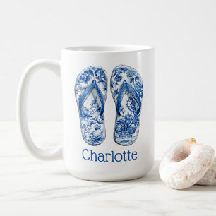 Taza De Café Chancletas de Chinoiserie Azul y Blanco sobre Raya