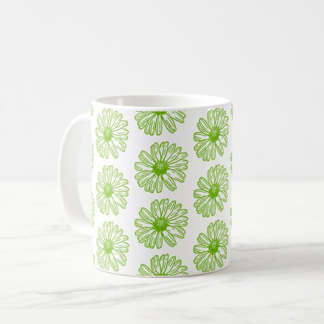 Taza De Café Chartreuse Green Daisy Print, Hippie Flower Print (Anverso izquierdo)
