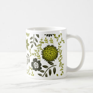 Taza De Café Chartreuse y patrón floral verde oliva oscuro