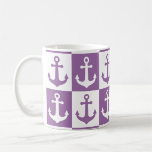 Taza De Café Checkered Ship Anchor Pattern - Purple and White