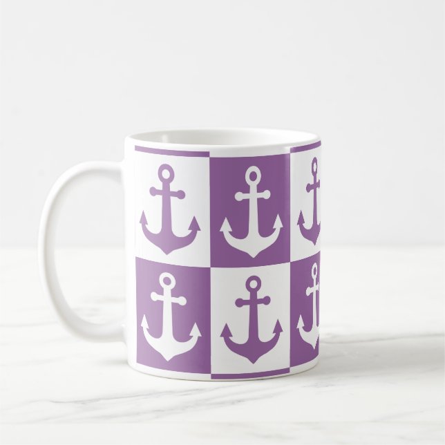 Taza De Café Checkered Ship Anchor Pattern - Purple and White  (Izquierda)