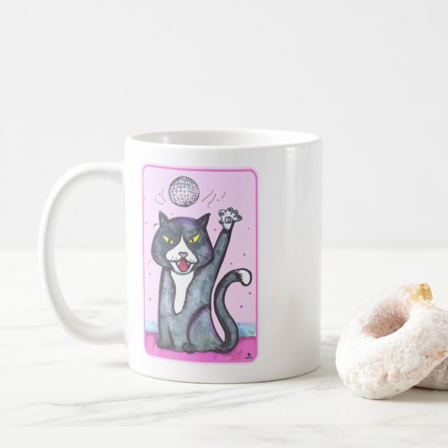 Taza De Café Cheeky Dancing Disco Ball Cat Cartoon Fun Art (Con donut)