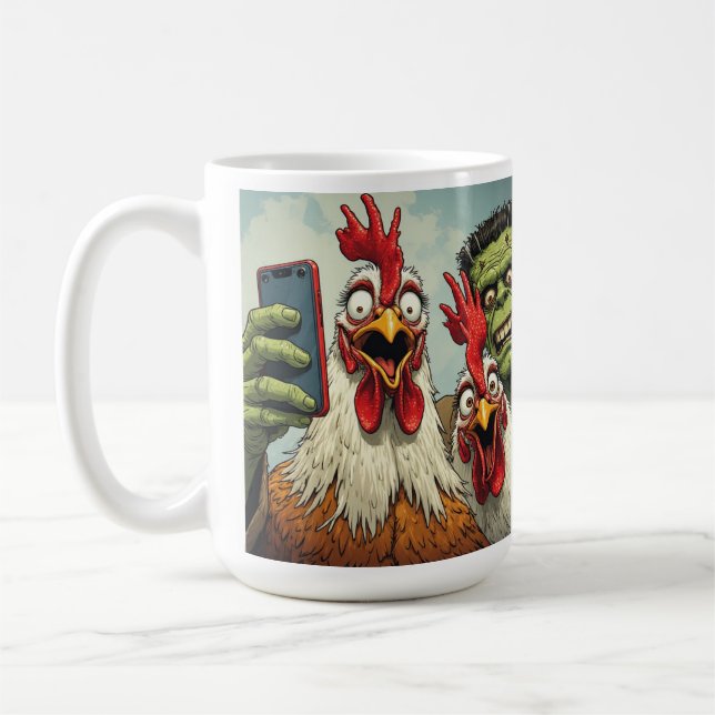 Taza De Café "Cheesy Chickens Posen With Frankenstein" (Izquierda)