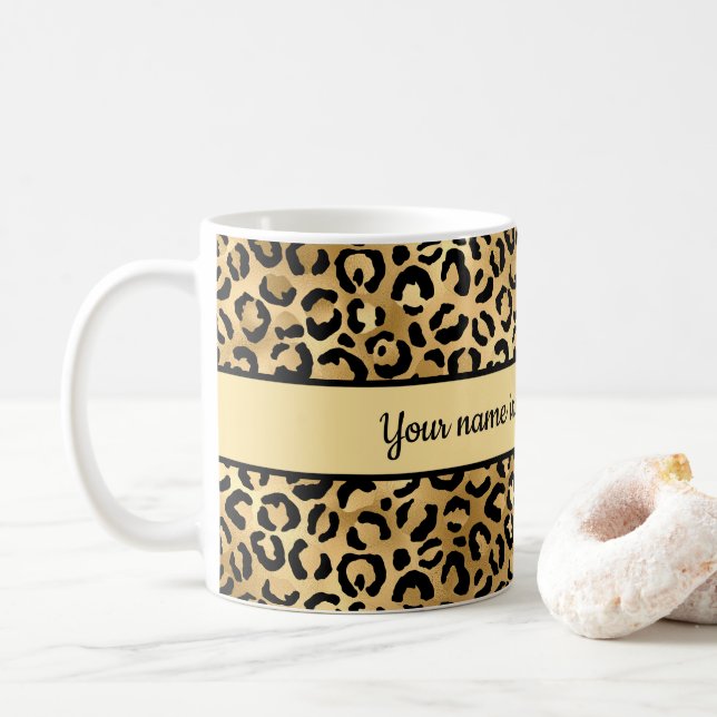 Taza De Café Cheetah impreso de leopardo negro y oro personaliz (Con donut)