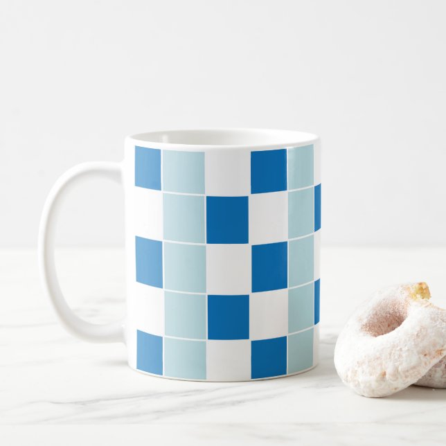 Taza De Café Cheque de tablero de cheques azul blanco (Con donut)