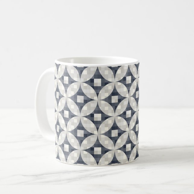 Taza De Café Cheque moderno azul gris y beige de mediados de si (Anverso izquierdo)