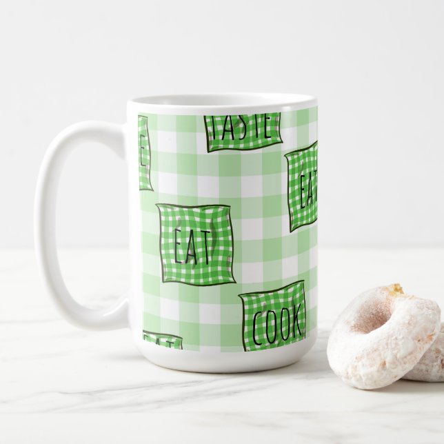 Taza De Café Cheques verde y blanco (Con donut)