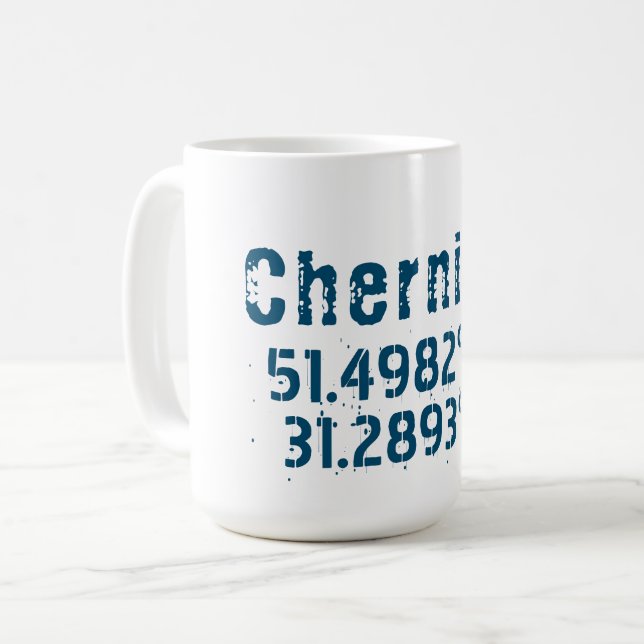 Taza De Café Chernihiv Ucrania Latitud y Longitud Deteriorado  (Anverso izquierdo)
