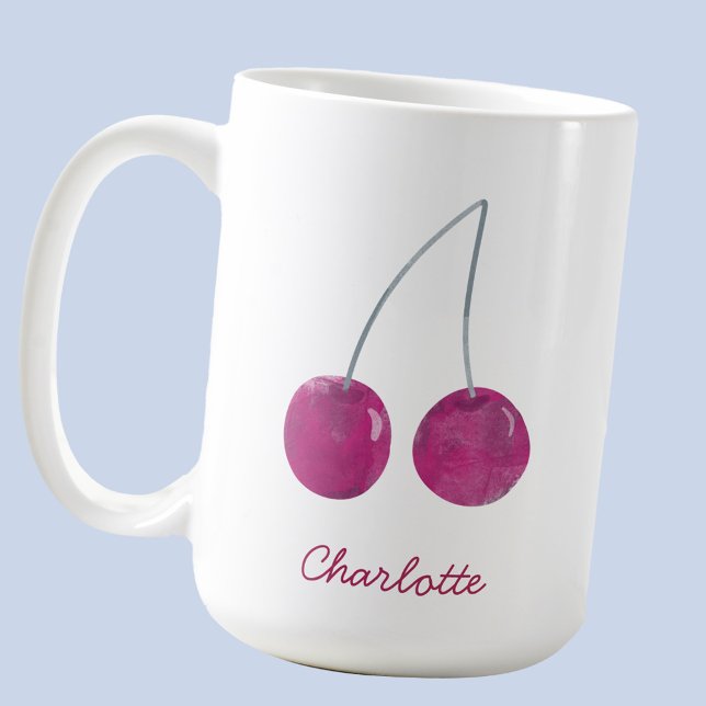 Taza De Café Cherry Watercolor Personalizado (Sweet cherry watercolor personalized script name coffee mug)