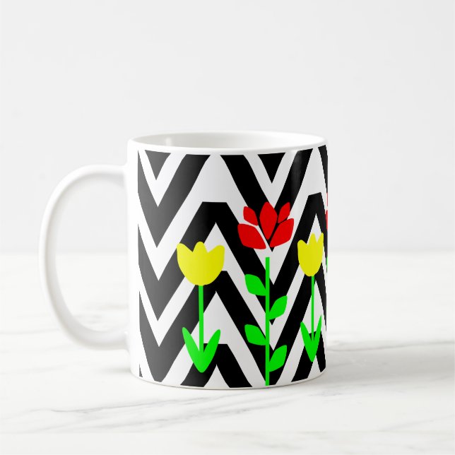 Taza De Café Chevron and Flowers Modern Floral Mug (Izquierda)