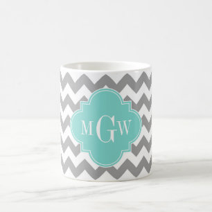 Taza De Café Chevron Gris Blanco Aqua Cuatro Hojas 3 Monograma