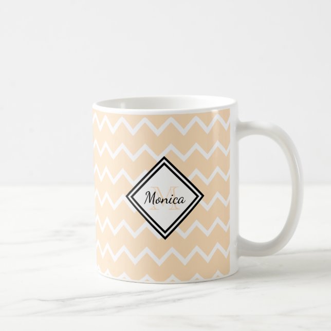 Taza De Café Chevron Monogramado Blanco y Peach (Derecha)