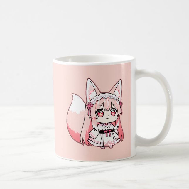 Taza de café Chibi Fox Girl Rosa Pastel (Derecha)