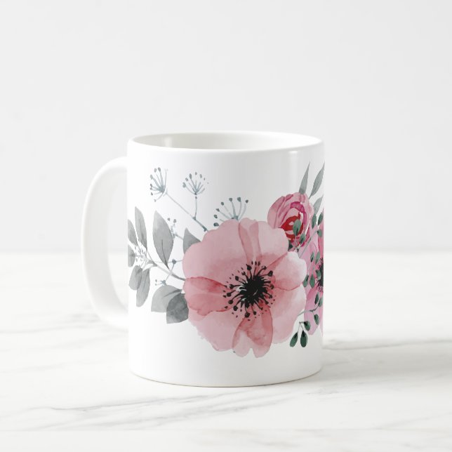 Taza De Café Chic botánico floral elegante gris rosa flor (Anverso izquierdo)