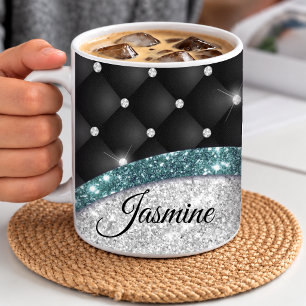 Taza De Café Chic femenino monograma falso de brillo plateado n