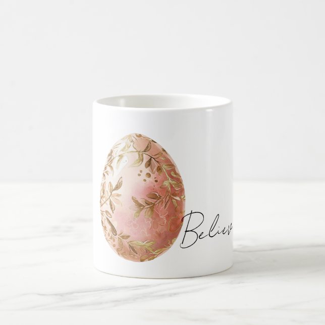 Taza De Café Chic White Gold Leaves Pink Spring Easter Egg  (Centro)