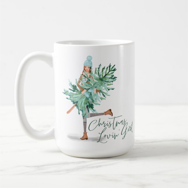 Taza De Café Chica acuarela sostiene árbol de Navidad evergreen (Izquierda)