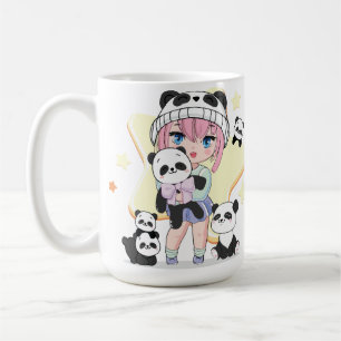 Taza De Café Chica adorable de anime rodeada de juguetes de pan