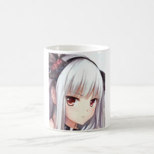 Taza De Café Chica anime irritada con cabello plateado y ojos d