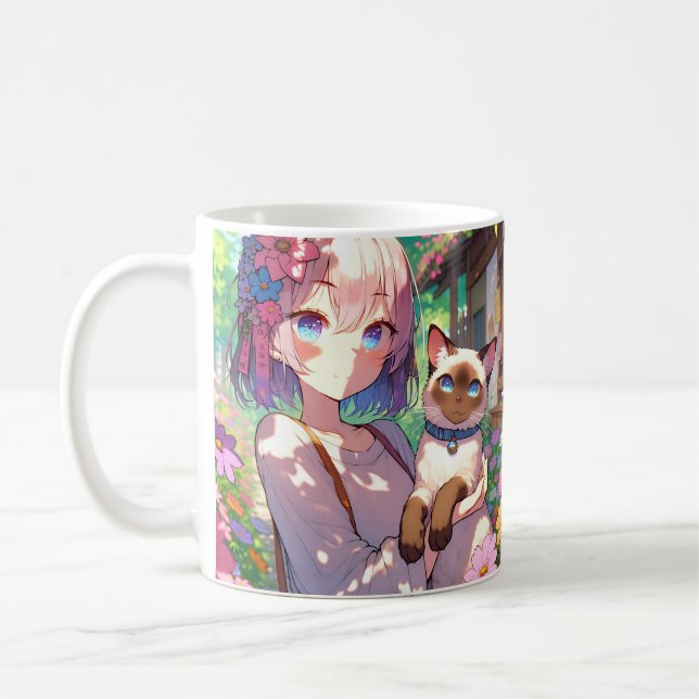 Taza De Café Chica anime y gato siamés personalizado (Izquierda)