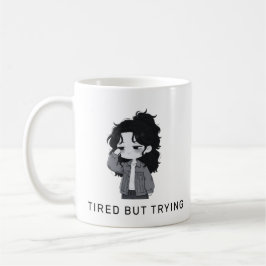 Taza De Café Chica Chibi Cansada Pero Intentándolo