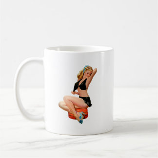 Taza De Café Chica de anclaje de rubia retro con minifalda negr