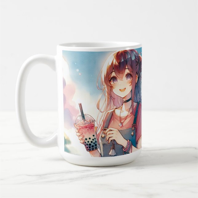 Taza De Café Chica de anime lindo sosteniendo un té Boba (Izquierda)