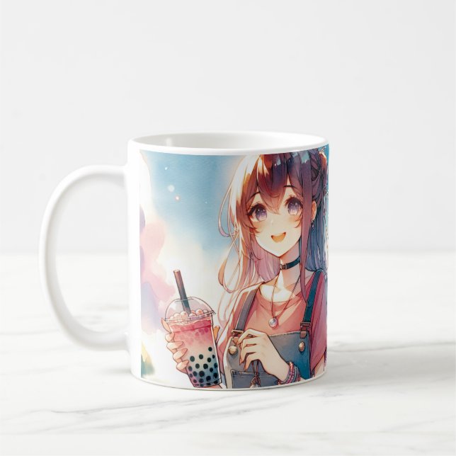 Taza De Café Chica de anime lindo sosteniendo un té Boba (Izquierda)