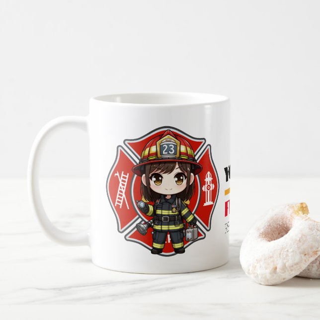 Taza De Café Chica de bomberos de Kawaii - (Con donut)