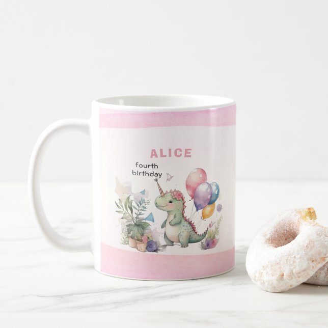 Taza De Café Chica de dinosaurios rosados acuarela Cumpleaños (Con donut)