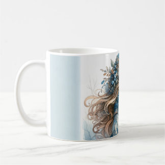 Taza De Café Chica de invierno con pájaro en abrigo floral azul