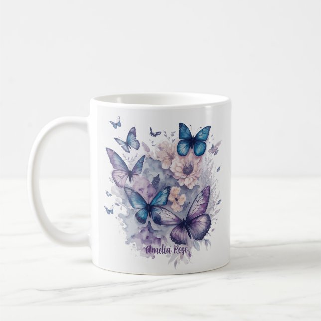 Taza De Café Chica de nombre púrpura de mariposas personalizada (Izquierda)