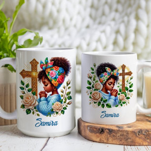 Taza De Café Chica de Oración Étnica Cristiana Cruz de Oro Flor
