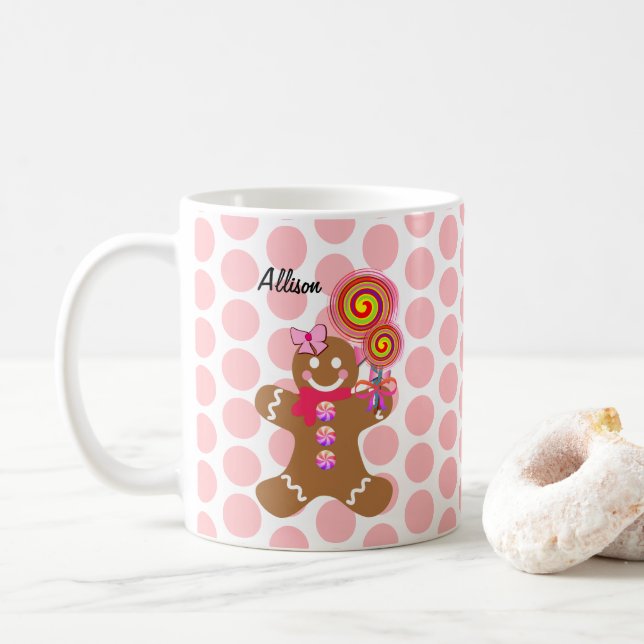 Taza De Café Chica de pan de jengibre rosado personalizado pers (Con donut)