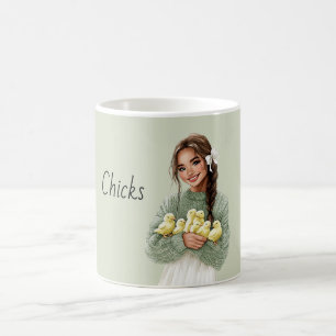 Taza De Café Chica de pelo castaño sosteniendo pollitos amarill