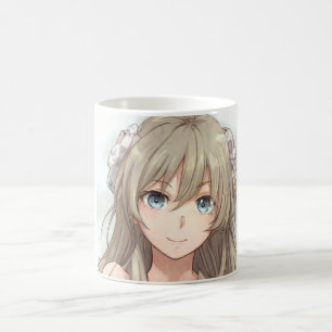 Taza De Café Chica de pelo marrón anime con ojos azules
