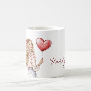 Taza De Café Chica de pelo rubio Blusa de corazones rojos