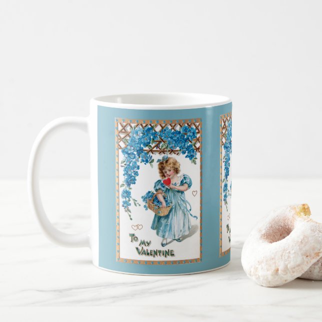 Taza De Café Chica de San Valentín de época con azul olvidar-no (Con donut)